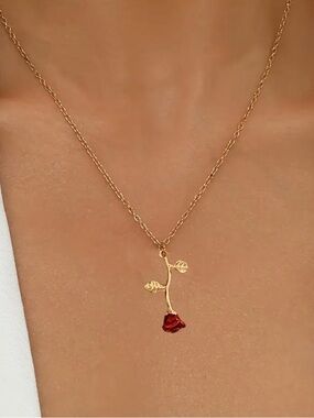 Gold Rose Pendant Necklace with Red Flower Charm - Women Jewelry